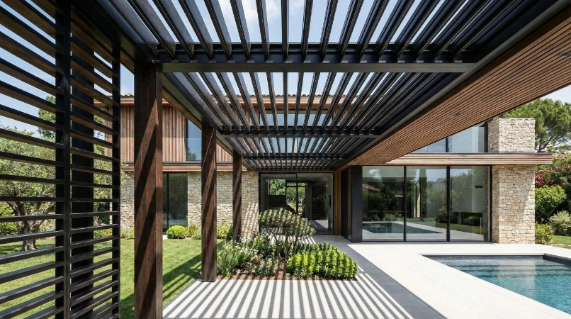 Brise-soleil aluminium sur façade moderne